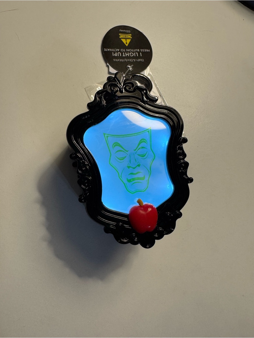 Bath & Body Works Black Light-Up Mirror with Blue Glow and Red Apple Accent